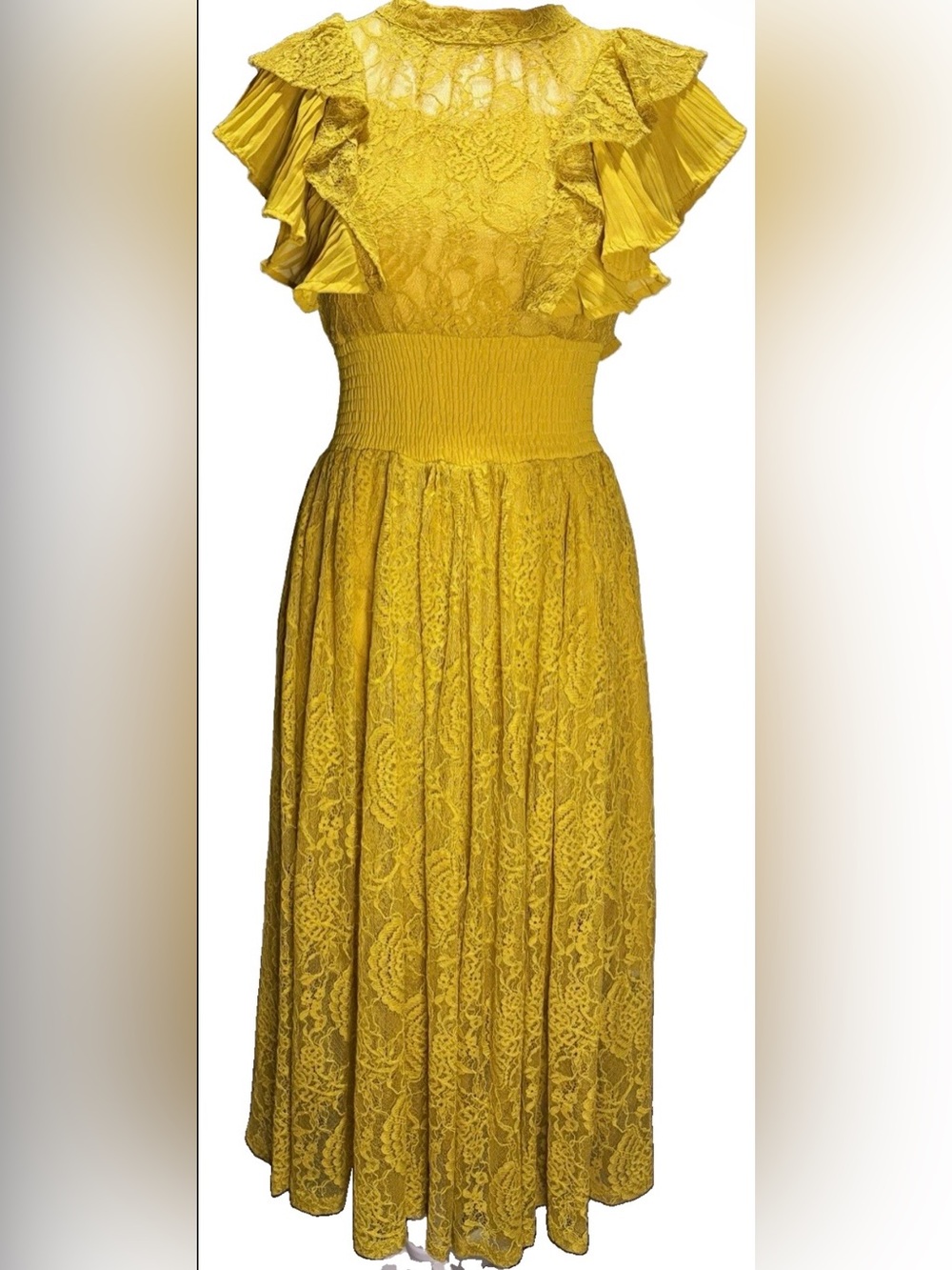 Yellow Ruffle Lace Maxi Dress Mock Neck Romantic Boho One Size